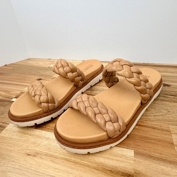 Born Freesia Tan Leather Braided Double Strap Platform Slide Sandals Womens 9